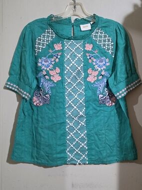Maeve Teal Embroidered Floral Blouse Used Size 12